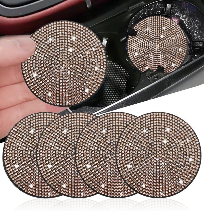 4pcs Bling Car Cup Holder Coaster, 2.75 inch Anti-Slip Shockproof Universal Fashion Car Coasters Insert Bling Crystal Rhinestone Automotive Interior Accessories for Women (Champagne)